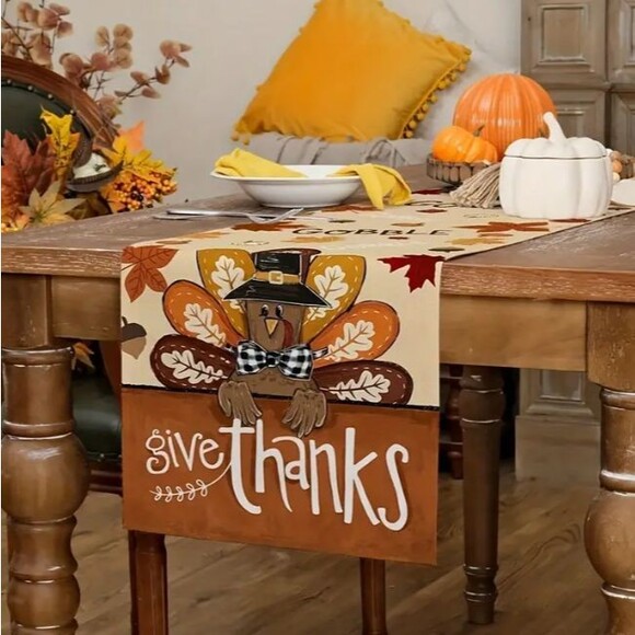 Thanksgiving Table Runner 13x108in Linen Give Thanks Turkey Fall NEW - Picture 1 of 2